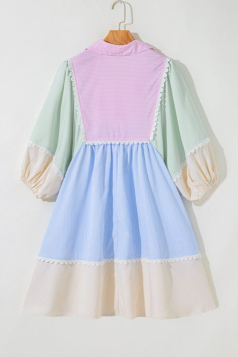 Multicolour Striped Patchwork Ric Rac Puff Sleeve Collared Mini Dress